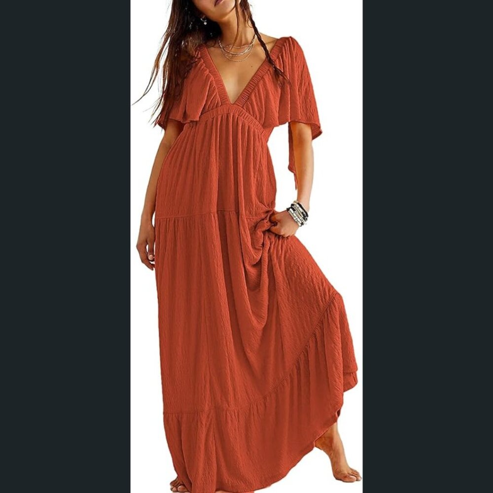 V-Neck Short Sleeve Maxi Dress in Rust